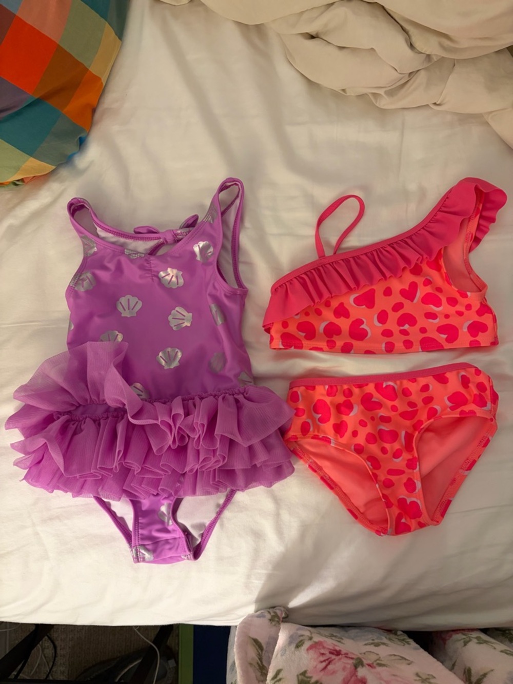 Cat & Jack 5t Bundle Purple Shell Ruffle One-Piece & Pink Heart Ruffle Bikini